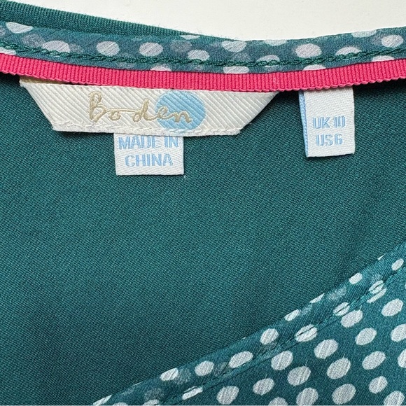 Boden Aubrey Jersey Knit Top Womens US 6 Chiffon Overlay Polka Dot Blouse Green - Picture 10 of 12